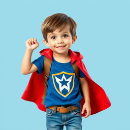 A 9-year-old energetic and curious boy with short brown hair and bangs, wearing a blue t-shirt featuring a shield design, complemented by a bright red cape that evokes a superhero vibe