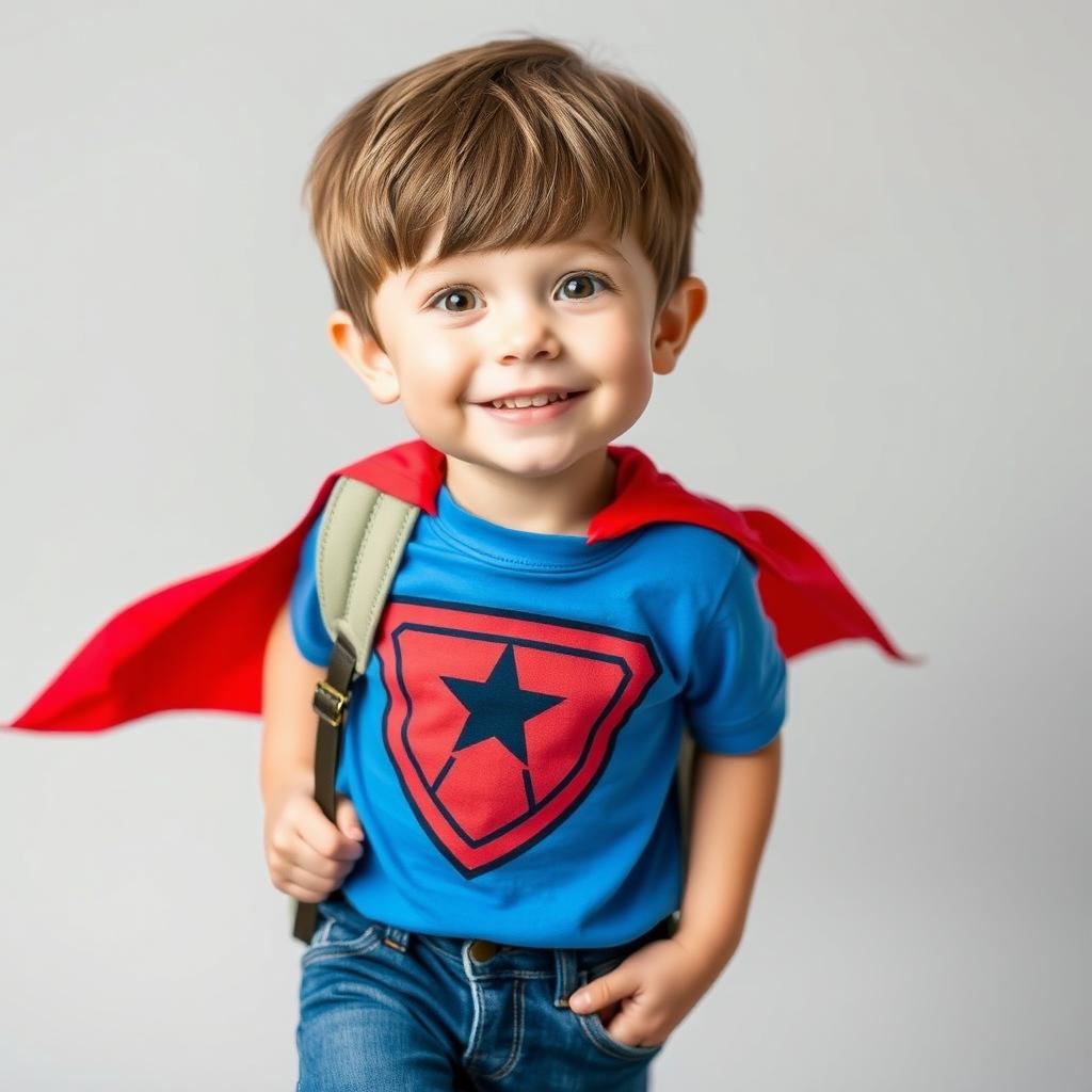 A 9-year-old energetic and curious boy with short brown hair and bangs, wearing a blue t-shirt featuring a shield design, complemented by a bright red cape that evokes a superhero vibe