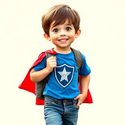 A 9-year-old energetic and curious boy with short brown hair and bangs, wearing a blue t-shirt featuring a shield design, complemented by a bright red cape that evokes a superhero vibe