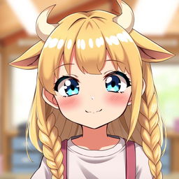 An adorable anime girl with a mischievous smile, flaunting blonde braids that cascade over her shoulders
