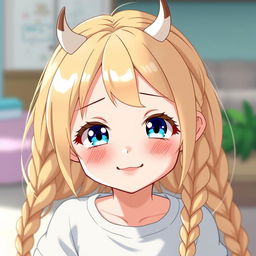 An adorable anime girl with a mischievous smile, flaunting blonde braids that cascade over her shoulders