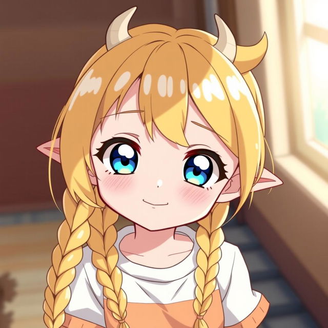 An adorable anime girl with a mischievous smile, flaunting blonde braids that cascade over her shoulders