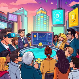 A colorful cartoon-style illustration of the future of cryptocurrencies and the economy