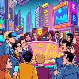 A colorful cartoon-style illustration of the future of cryptocurrencies and the economy