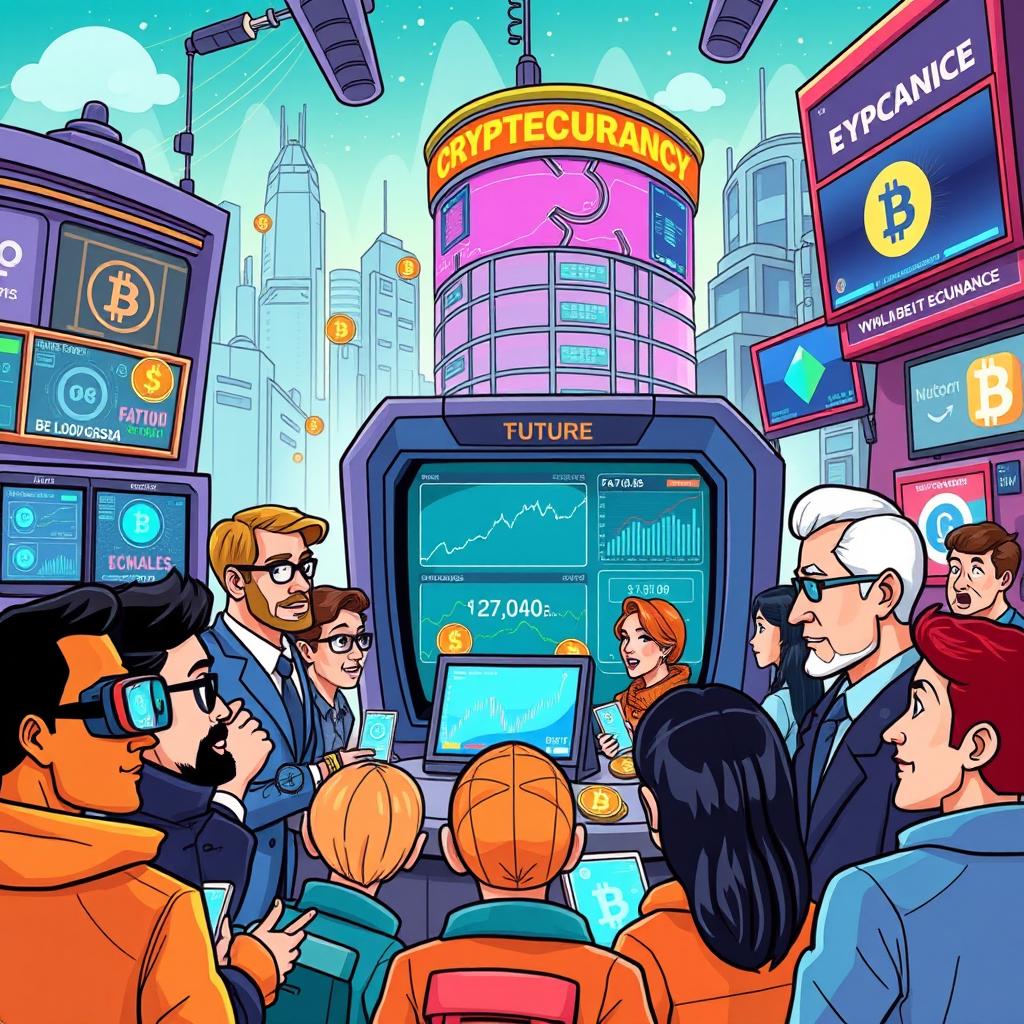 A colorful cartoon-style illustration of the future of cryptocurrencies and the economy