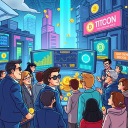 A colorful cartoon-style illustration of the future of cryptocurrencies and the economy