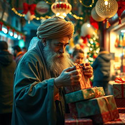 A dramatic scene featuring a mullah in traditional religious attire, complete with a turban and long robe, slyly stealing colorful Christmas gifts