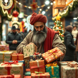 A dramatic scene featuring a mullah in traditional religious attire, complete with a turban and long robe, slyly stealing colorful Christmas gifts