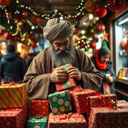 A dramatic scene featuring a mullah in traditional religious attire, complete with a turban and long robe, slyly stealing colorful Christmas gifts