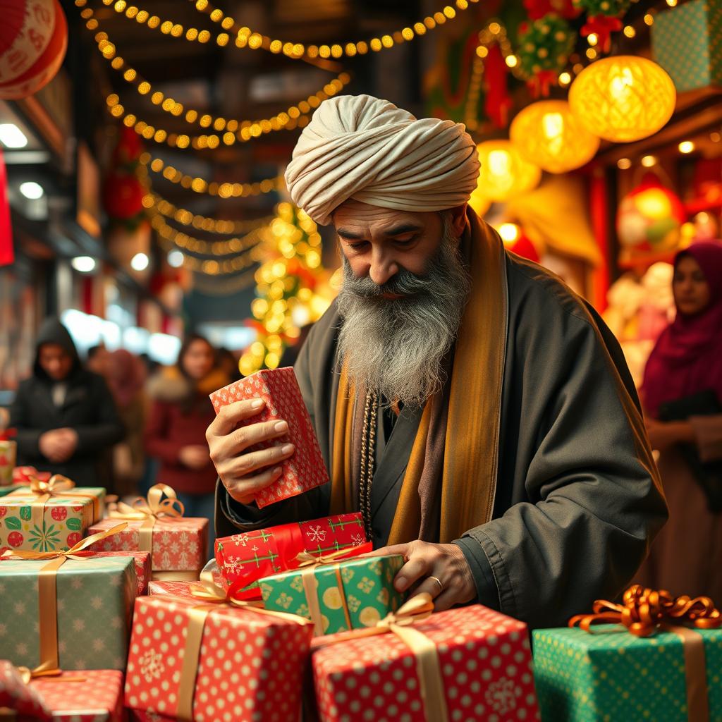 A dramatic scene featuring a mullah in traditional religious attire, complete with a turban and long robe, slyly stealing colorful Christmas gifts