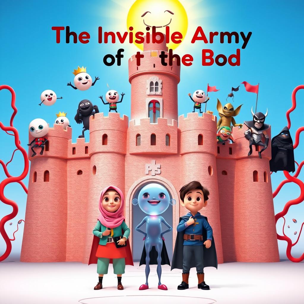 A colorful 3D animated image of a large castle designed in the shape of a human body, with walls resembling skin texture