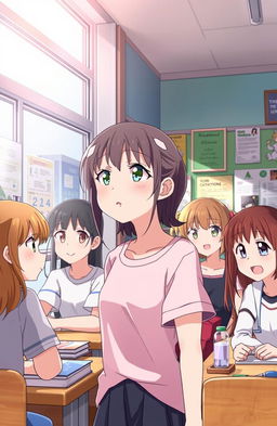 An anime scene displaying a teenage girl in a middle school setting, surrounded by her friends