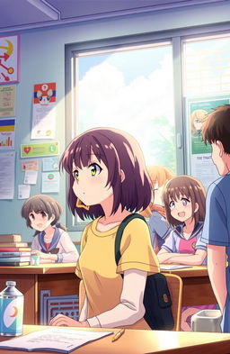 An anime scene displaying a teenage girl in a middle school setting, surrounded by her friends