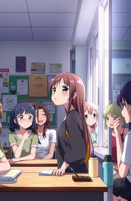 An anime scene displaying a teenage girl in a middle school setting, surrounded by her friends