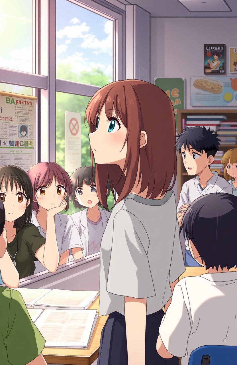 An anime scene displaying a teenage girl in a middle school setting, surrounded by her friends