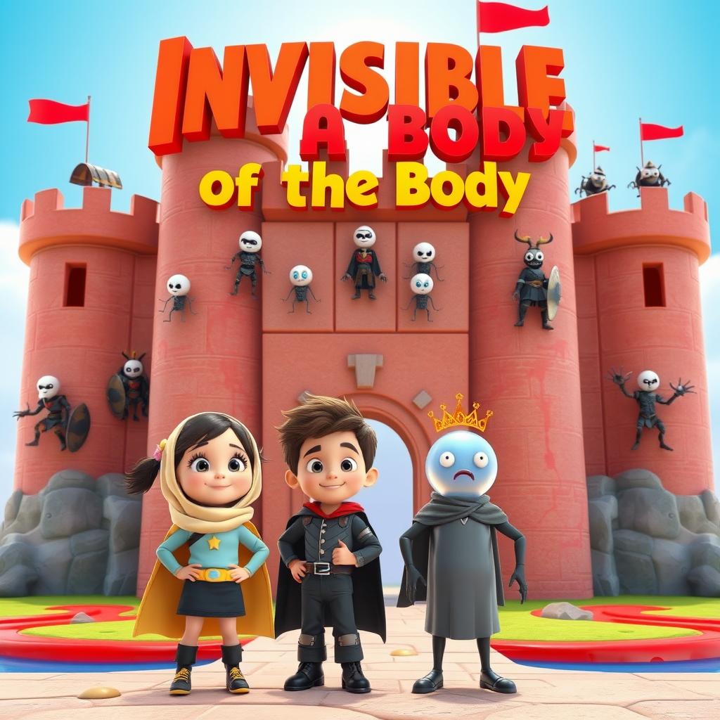 A vibrant 3D animated image of a large castle designed in the shape of a human body, with its walls resembling skin texture
