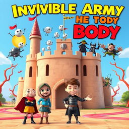 A vibrant 3D animated image of a large castle designed in the shape of a human body, with its walls resembling skin texture