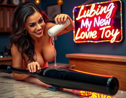 A sexy busty brunette bending over a counter, fully nude with huge breasts, wearing a wicked smile as she pours clear lubricant over a large black baseball bat