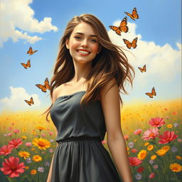 An oil painting of a beautiful young woman with long flowing hair, wearing a stylish dress