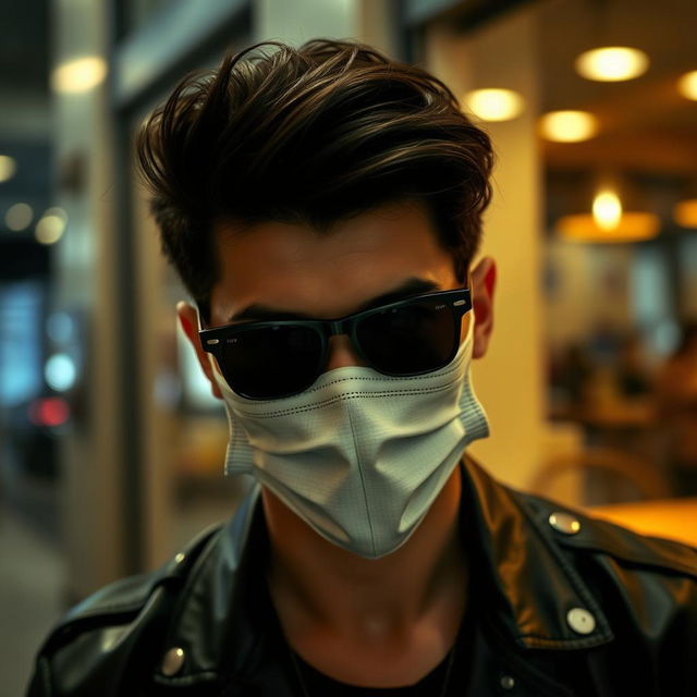 A stylish individual wearing a face mask and black sunglasses, gazing confidently at the camera