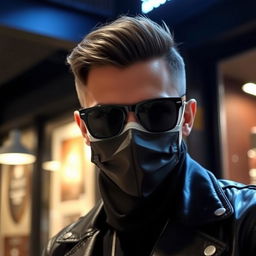 A stylish individual wearing a face mask and black sunglasses, gazing confidently at the camera