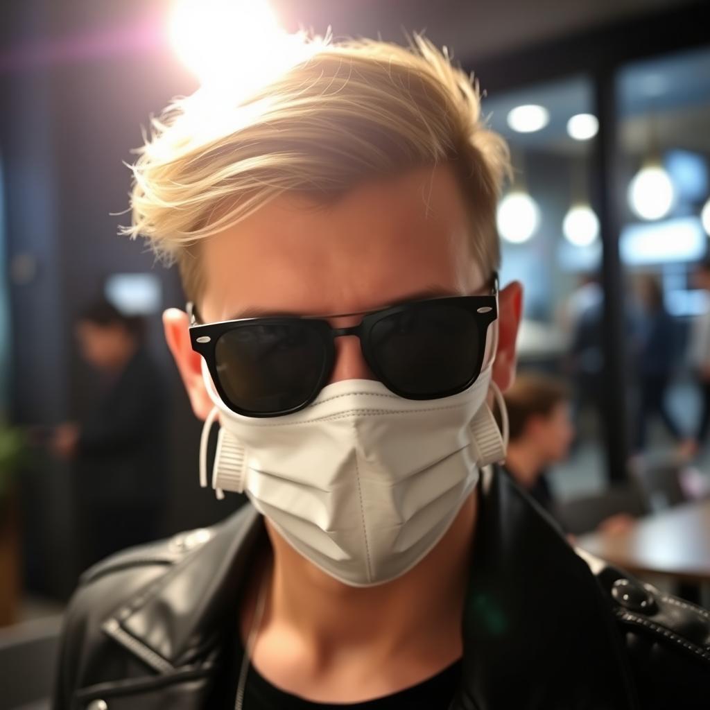 A stylish individual wearing a face mask and black sunglasses, gazing confidently at the camera