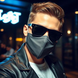 A stylish individual wearing a face mask and black sunglasses, gazing confidently at the camera