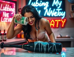 A sexy busty Lebanese woman bending over a counter, fully nude with huge breasts dripping with clear lubricant, wearing a wicked smile as she pours more clear lube over a large black baseball bat