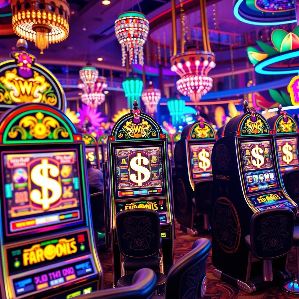 A vibrant and engaging casino scene featuring luxurious slot machines with glowing dollar signs, surrounded by a lively atmosphere