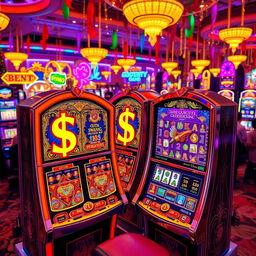 A vibrant and engaging casino scene featuring luxurious slot machines with glowing dollar signs, surrounded by a lively atmosphere