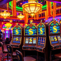 A vibrant and engaging casino scene featuring luxurious slot machines with glowing dollar signs, surrounded by a lively atmosphere