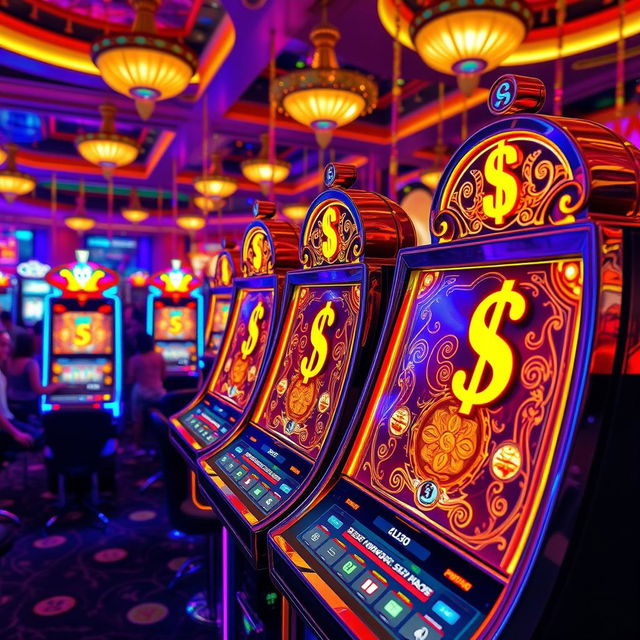 A vibrant and engaging casino scene featuring luxurious slot machines with glowing dollar signs, surrounded by a lively atmosphere