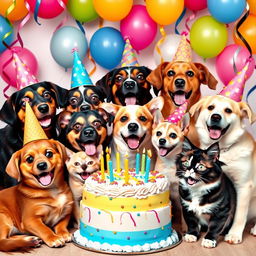 A lively scene featuring several dogs and cats celebrating together with festive party hats on their heads