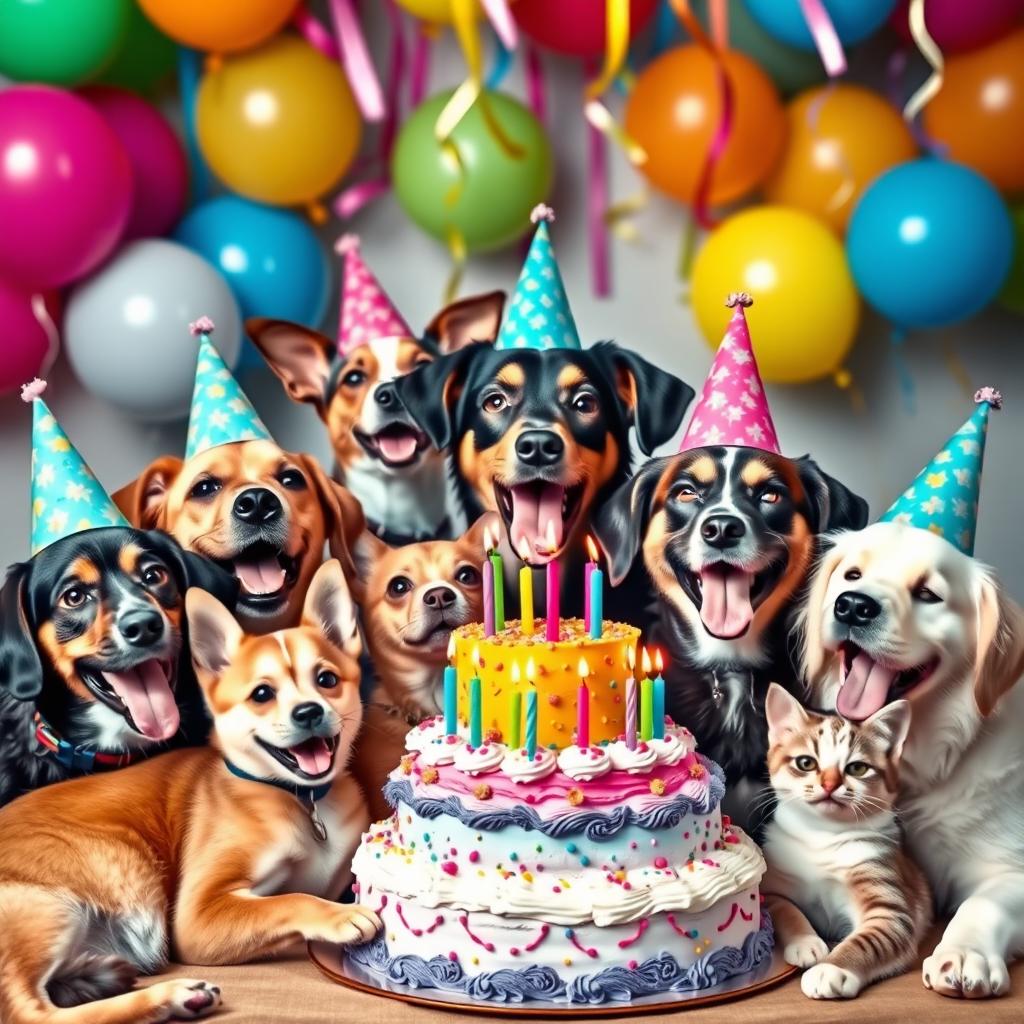 A lively scene featuring several dogs and cats celebrating together with festive party hats on their heads