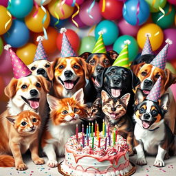A lively scene featuring several dogs and cats celebrating together with festive party hats on their heads