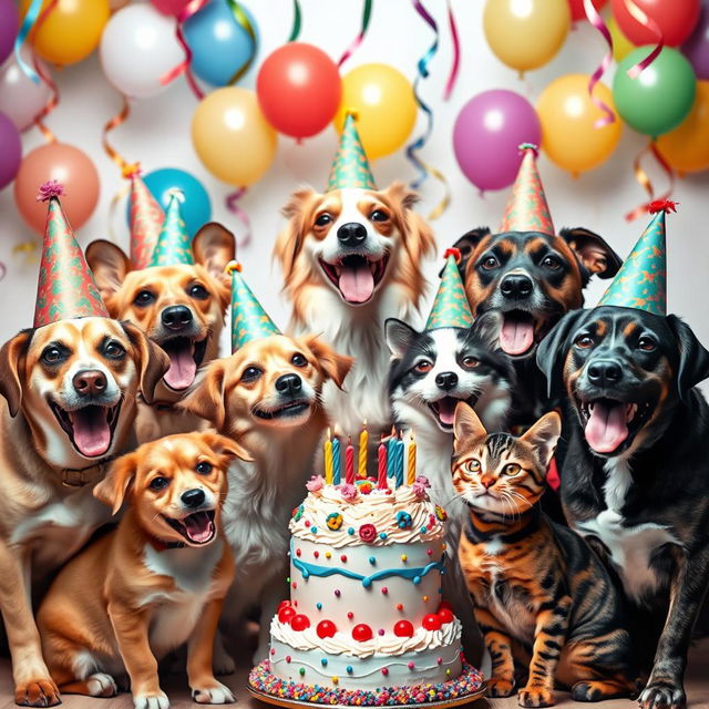 A lively scene featuring several dogs and cats celebrating together with festive party hats on their heads