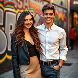 A stylish and elegant photograph of a young attractive couple posing together