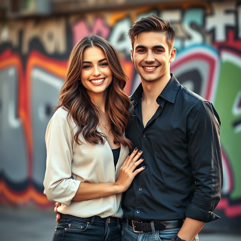 A stylish and elegant photograph of a young attractive couple posing together