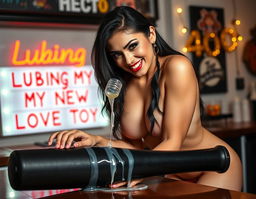 A sexy busty Arab brunette bending over a counter, fully nude with huge breasts dripping with clear lubricant, wearing a wicked smile as she pours clear lube over a large black baseball bat