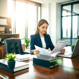 A professional lawyer in a modern office setting, dressed in a sharp navy-blue suit, sitting at an elegant wooden desk