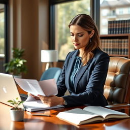 A professional lawyer in a modern office setting, dressed in a sharp navy-blue suit, sitting at an elegant wooden desk