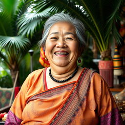 A portrait of a joyful elderly Indonesian woman with a notably large belly, exuding warmth and happiness