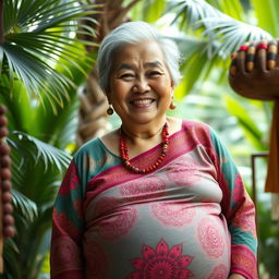 A portrait of a joyful elderly Indonesian woman with a notably large belly, exuding warmth and happiness