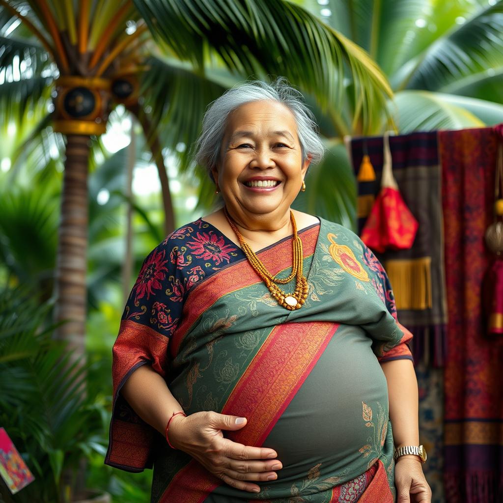 A portrait of a joyful elderly Indonesian woman with a notably large belly, exuding warmth and happiness
