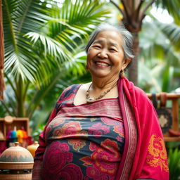 A portrait of a joyful elderly Indonesian woman with a notably large belly, exuding warmth and happiness