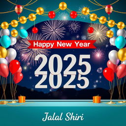 A vibrant and celebratory image for New Year 2025 featuring festive decorations such as colorful balloons, sparkling fireworks in the night sky, and a large banner that says 'Happy New Year 2025'