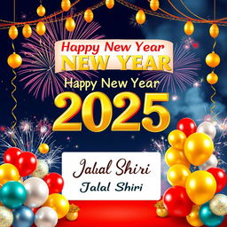 A vibrant and celebratory image for New Year 2025 featuring festive decorations such as colorful balloons, sparkling fireworks in the night sky, and a large banner that says 'Happy New Year 2025'