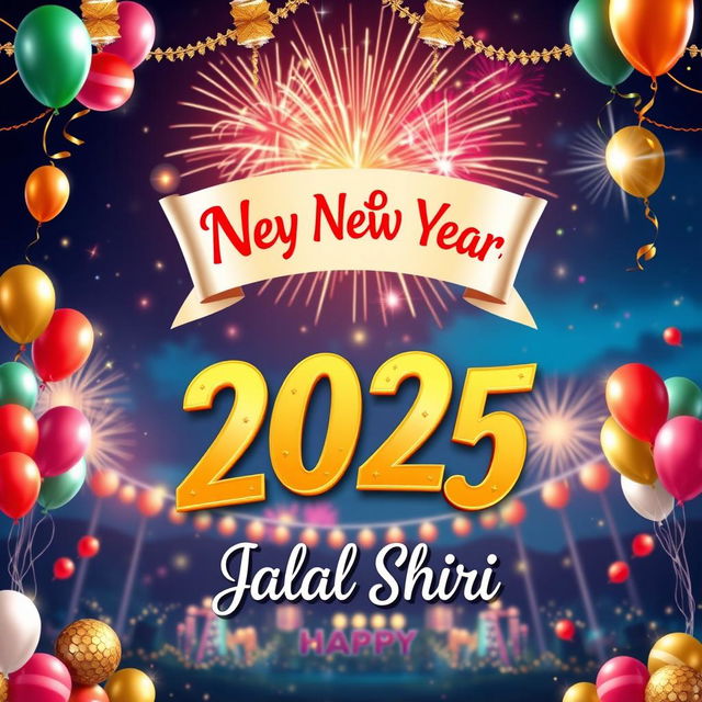 A vibrant and celebratory image for New Year 2025 featuring festive decorations such as colorful balloons, sparkling fireworks in the night sky, and a large banner that says 'Happy New Year 2025'