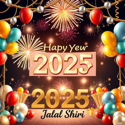 A vibrant and celebratory image for New Year 2025 featuring festive decorations such as colorful balloons, sparkling fireworks in the night sky, and a large banner that says 'Happy New Year 2025'