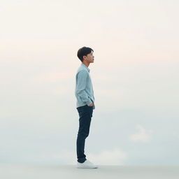 A minimalistic image representing the theme "the problem is not the world, but you" featuring a solitary figure standing in contemplation against a simple blurred background that evokes a feeling of introspection